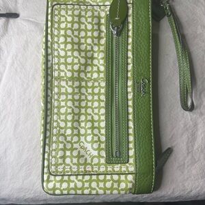 Coach Green and White Geometric Leather Wristlet